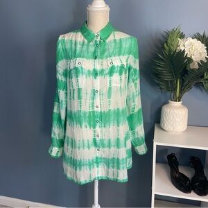 Soft Surroundings Green and White Tie Dye Silk Longline Blouse